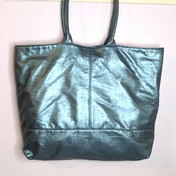 Saks Fifth Ave metallic teal blue tote Xlarge beach travel overnight bag EUC - Picture 3 of 10